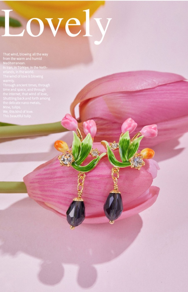 Tulip Flower Zircon Enamel Dangle Stud Earrings