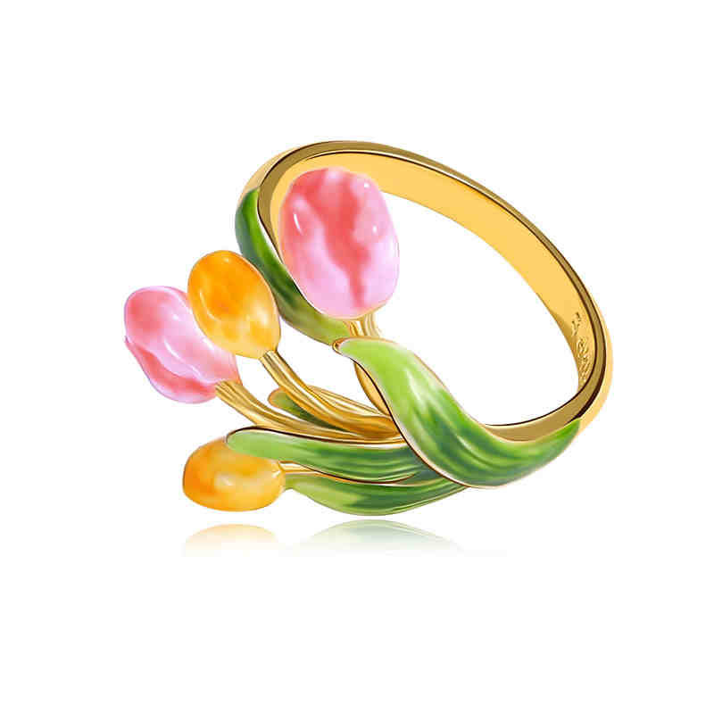 Tulip Flower Blossom Zircon Enamel Adjustable Ring1