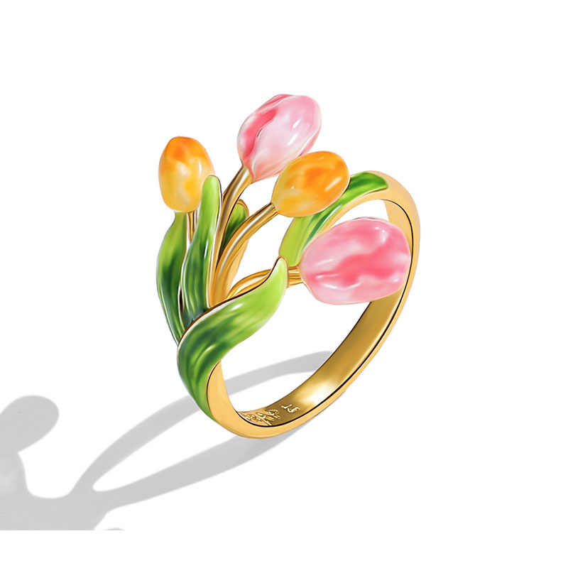 Tulip Flower Blossom Zircon Enamel Adjustable Ring2