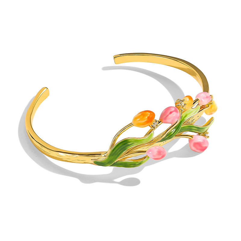 Tulip Flower Blossom Zircon Enamel Bangle Bracelet1