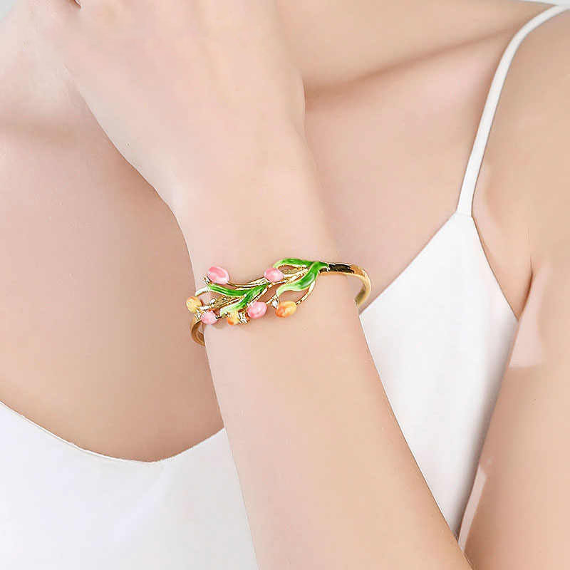 Tulip Flower Blossom Zircon Enamel Bangle Bracelet