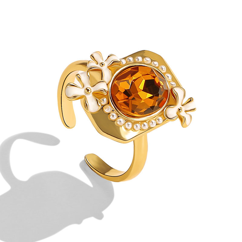 Flower And Stone Gem Enamel Adjustable Ring1