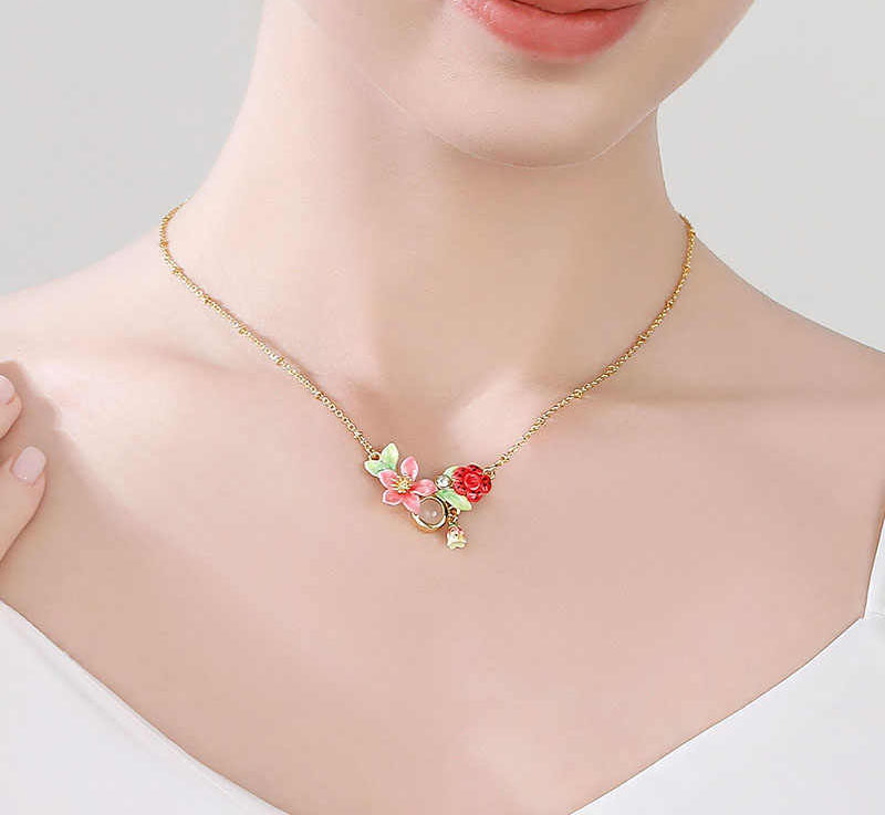 Pink Red Flower Enamel Pendant Necklace3