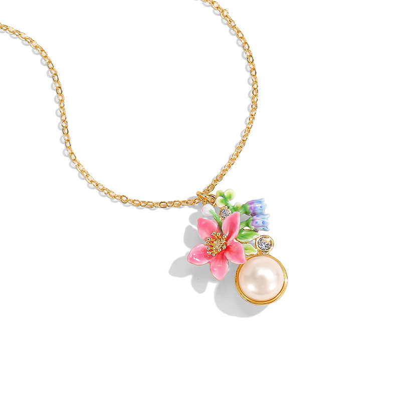 Pink Blue Flower With Pearl Enamel Pendant Necklace1