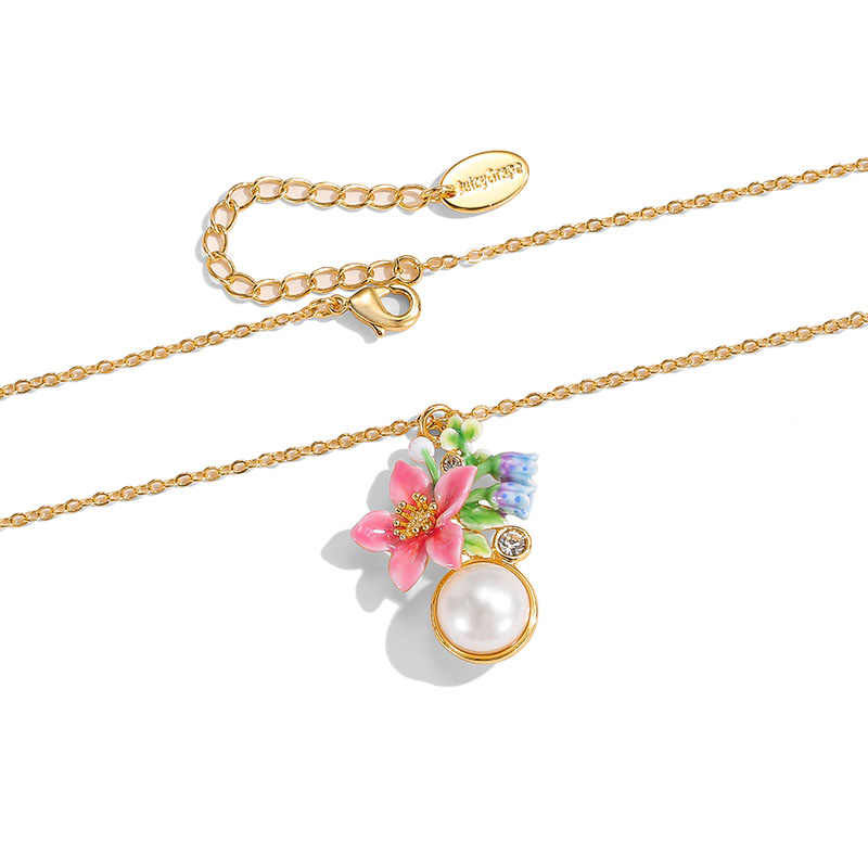 Pink Blue Flower With Pearl Enamel Pendant Necklace2