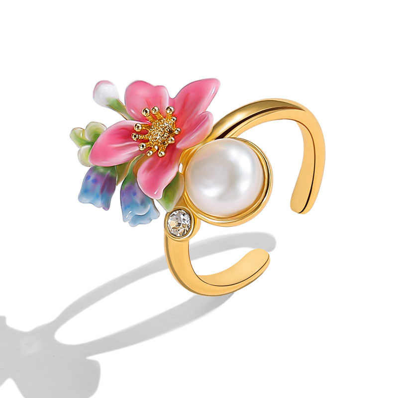 Pink Blue Flower Pearl Enamel Adjustable Ring1