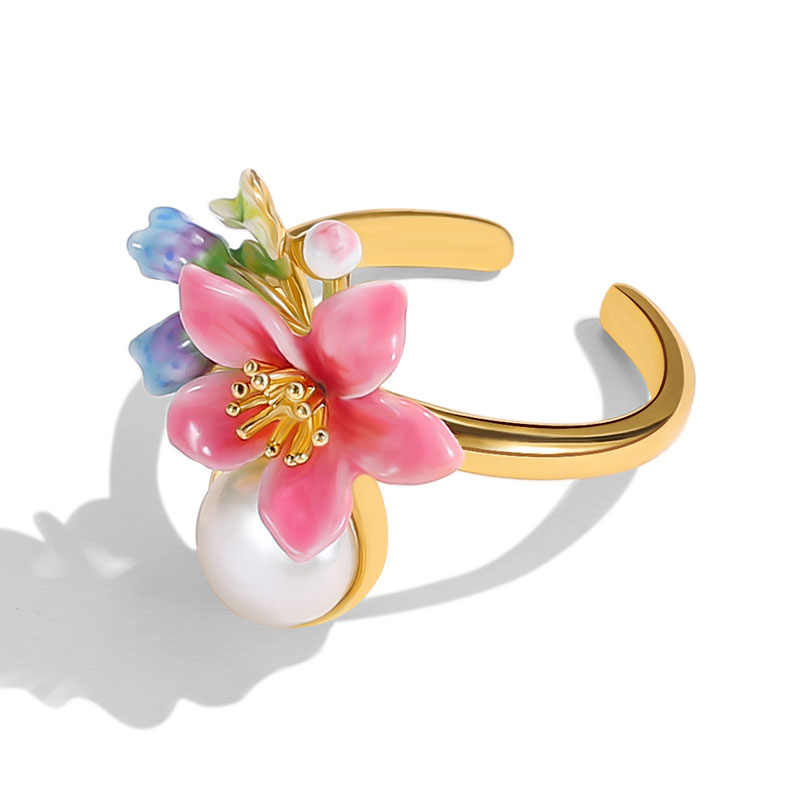 Pink Blue Flower Pearl Enamel Adjustable Ring2