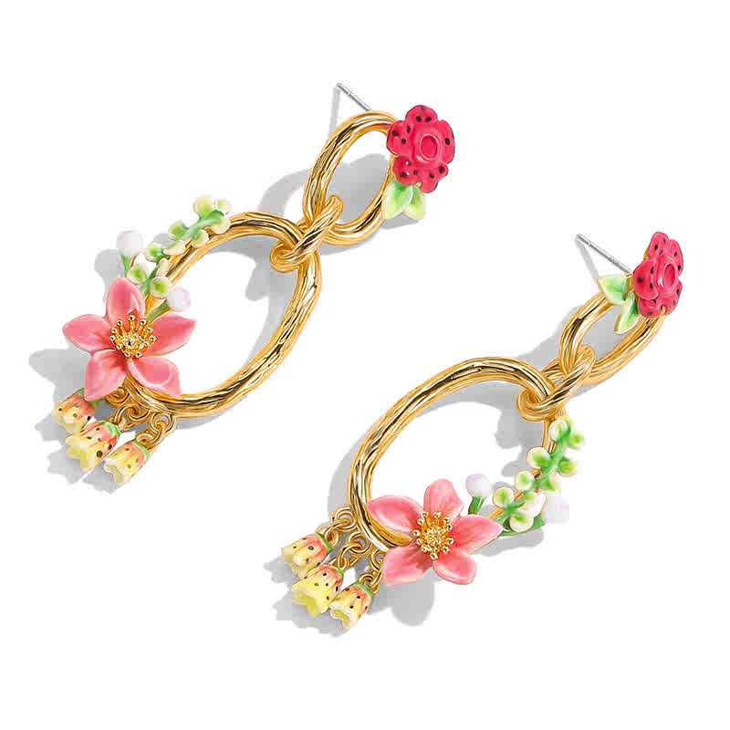 Flower Blossom Branch Enamel Dangle Stud Earrings1