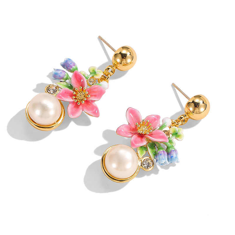 Pink Blue Flower Pearl Enamel Dangle Stud Earrings2