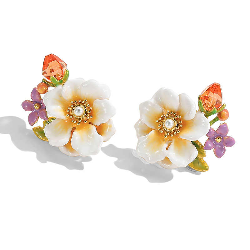 Jasmine Flower Pearl Enamel Stud Earrings1