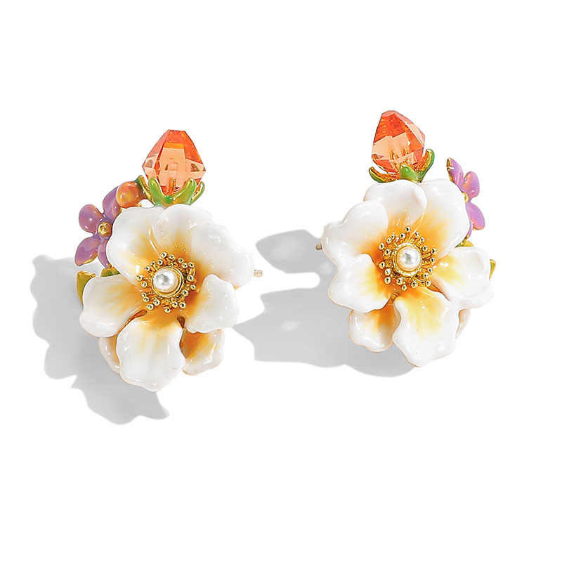 Jasmine Flower Pearl Enamel Stud Earrings2