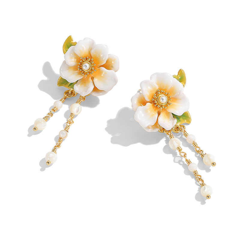 Jasmine Flower Leaf Enamel Tassel Stud Earrings1