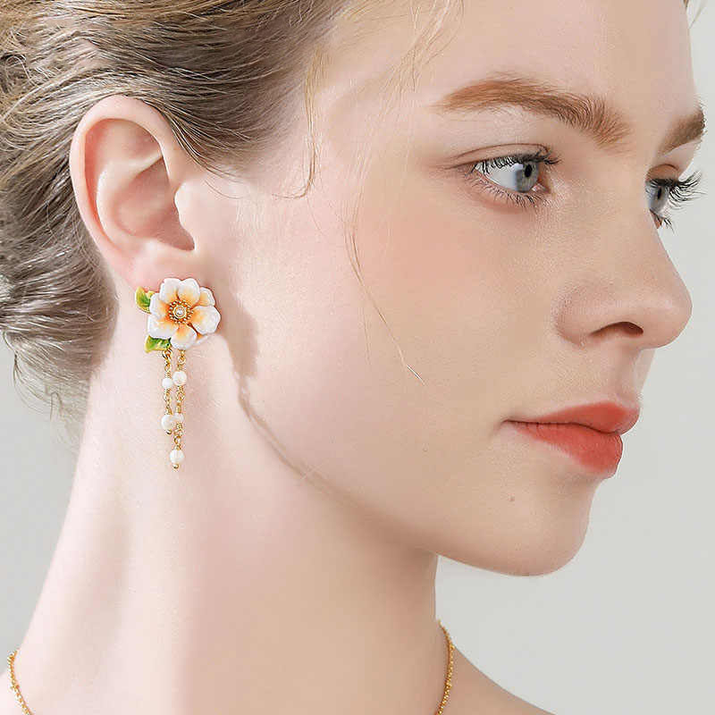 Jasmine Flower Leaf Enamel Tassel Stud Earrings3