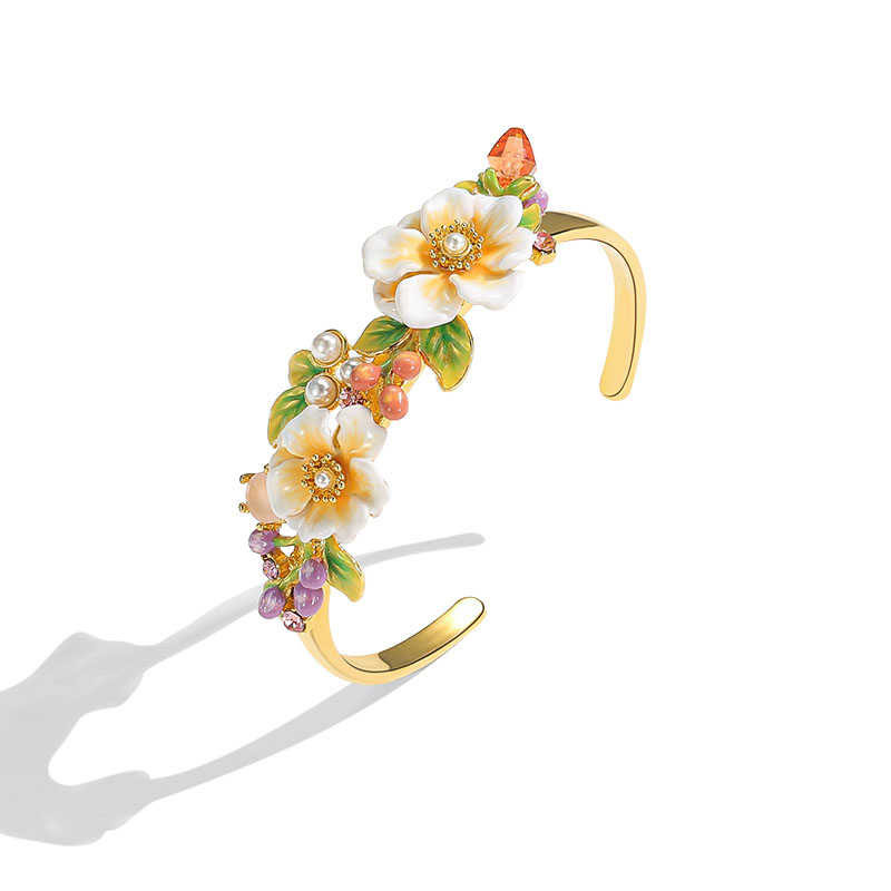 Jasmine Flower Blossom Branch Enamel Bangle Bracelet2