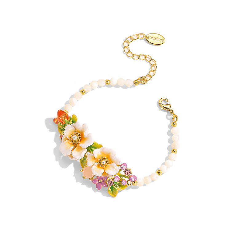 Jasmine Flower Blossom Branch Enamel Bead Chain Bracelet2