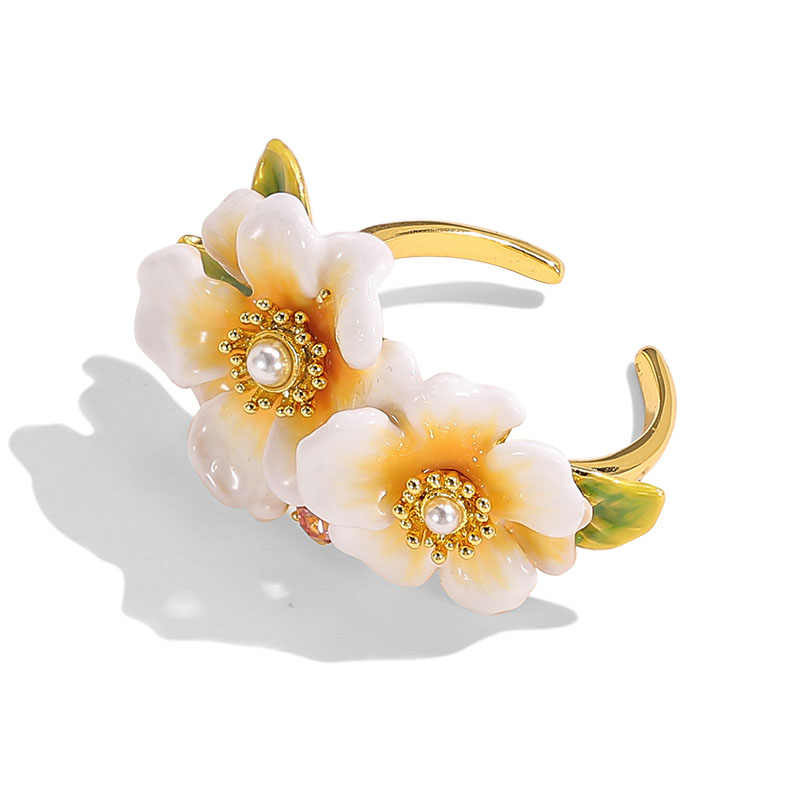 Jasmine Flower And Pearl Enamel Adjustable Ring2