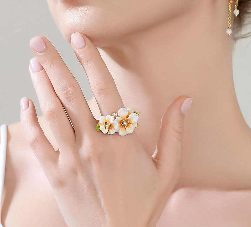 Jasmine Flower And Pearl Enamel Adjustable Ring3