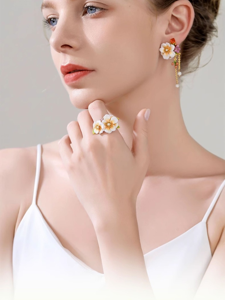 Jasmine Flower And Pearl Enamel Adjustable Ring4