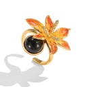 Orange Blossom Flower And Black Agate Enamel Adjustable Ring1