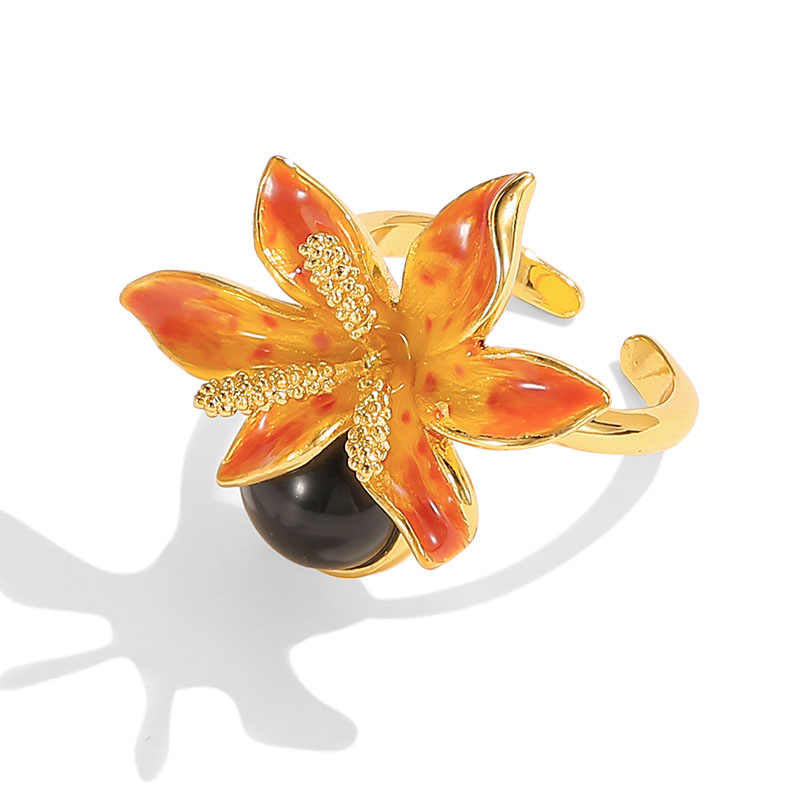 Orange Blossom Flower And Black Agate Enamel Adjustable Ring2