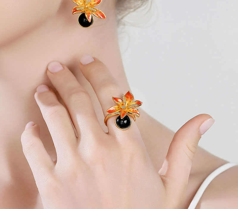 Orange Blossom Flower And Black Agate Enamel Adjustable Ring3