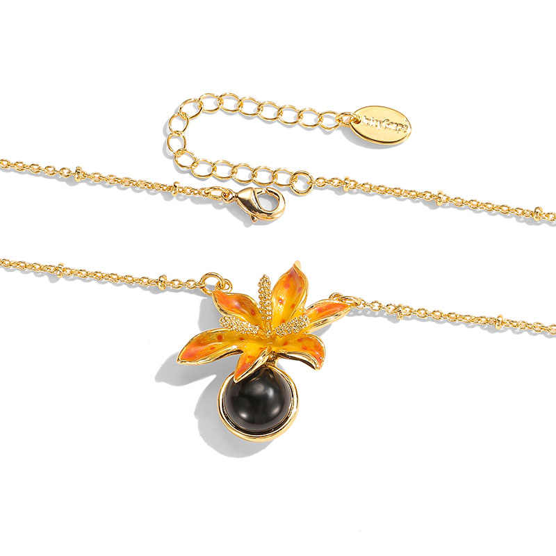 Orange Blossom Flower And Black Agate Enamel Pendant Necklace2