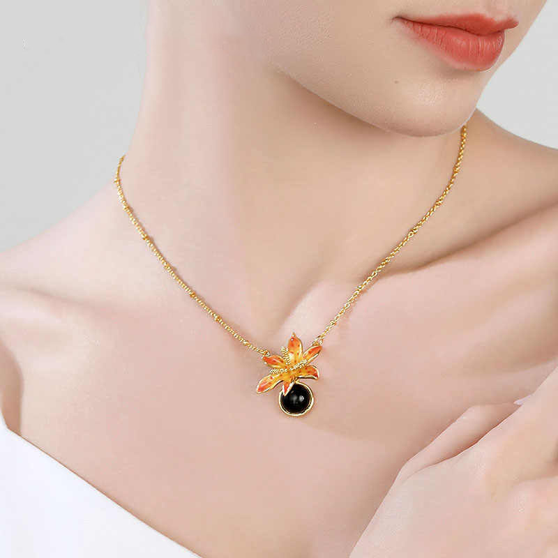 Orange Blossom Flower And Black Agate Enamel Pendant Necklace3