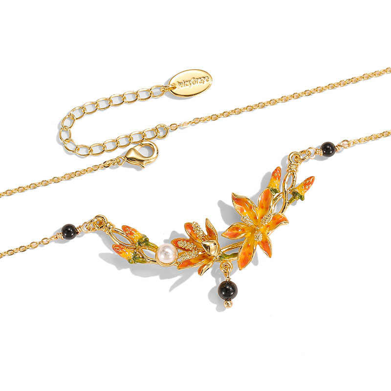 Orange Blossom Flower Branch And Black Agate Enamel Pendant Necklace2