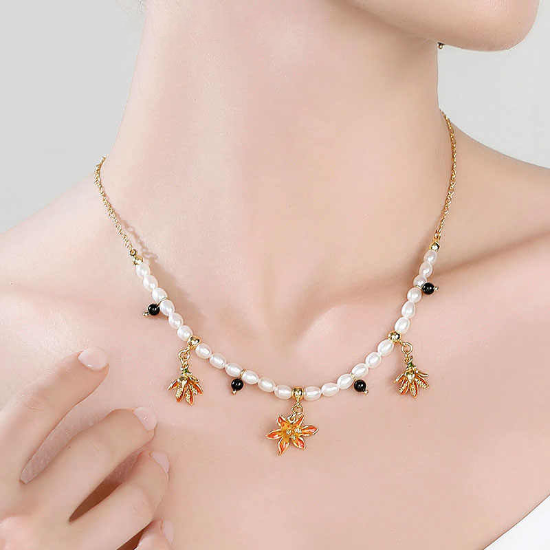 Orange Flower And Pearl Black Agate Enamel Charm Strand Necklace3