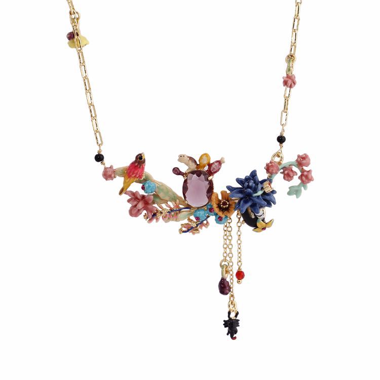 Flower Bird On Cactus Branch With Faceted Crystal Enamel Necklace