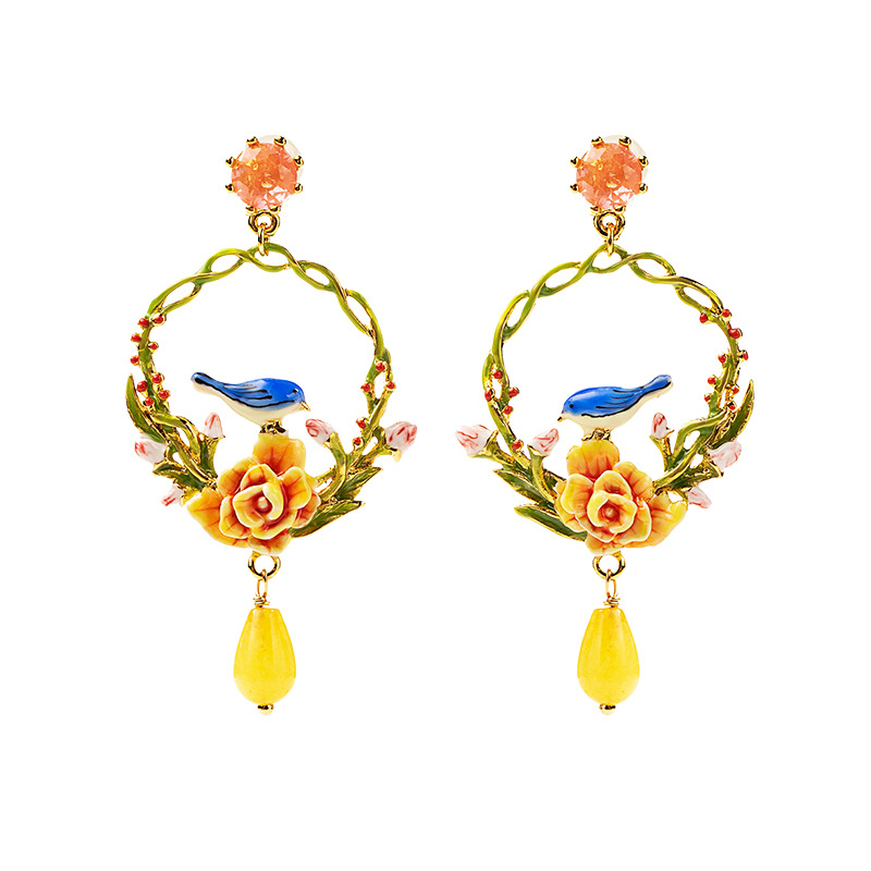 Blue Bird Tit On Pink Yellow Flower Branch Enamel Dangle Drop Earrings