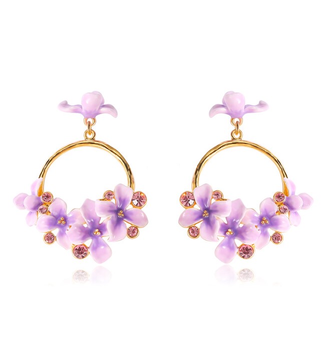 Purple Flower And Gem Enamel Hoop Dangle Earrings Handmade Jewelry Gift