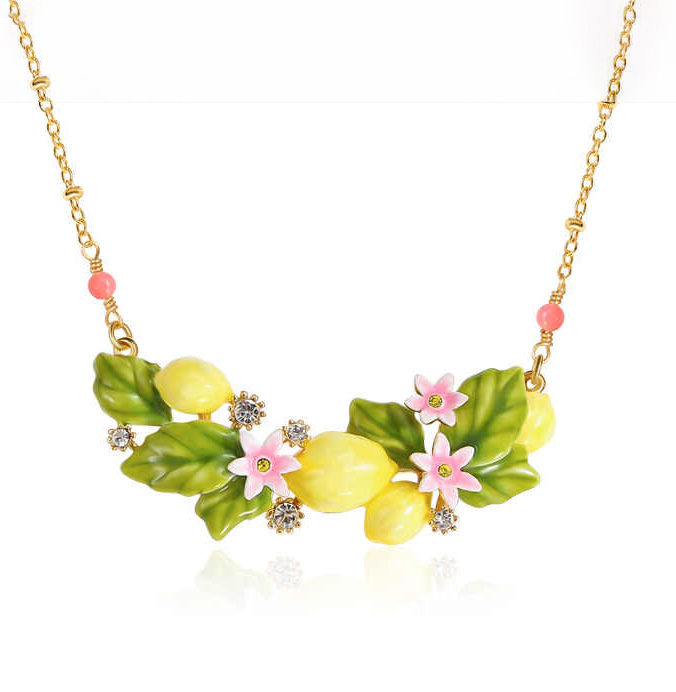 Lemon And Flower Enamel Pendant Necklace