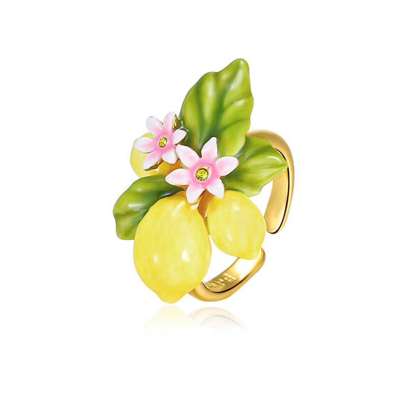 Lemon Flower Blossom Enamel Adjustable Ring