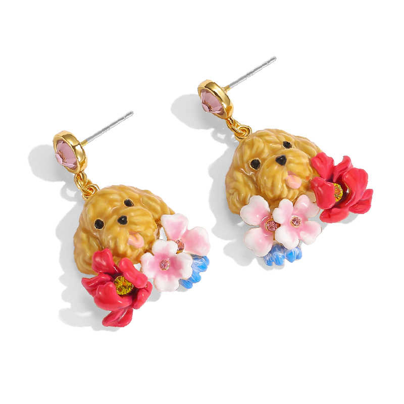 Cute Puppy With Flower Enamel Dangle Stud Earrings