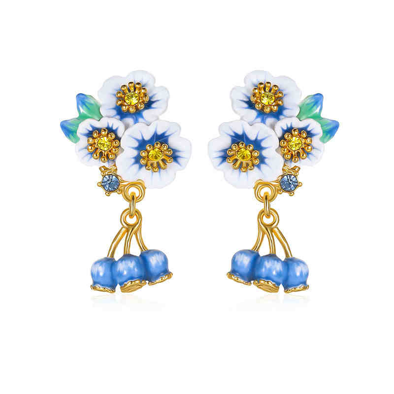 Flower With Blueberry Enamel Dangle Stud Earrings