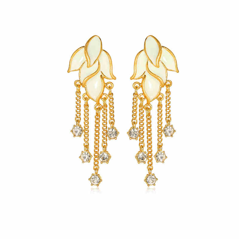 Leaf Shape Elegant Enamel Tassel Stud Earrings