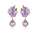 Purple Flower de Luce Irises And Gem Enamel Dangle Stud Earrings