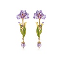 Purple Flower Irises de Luce And Gem Enamel Dangle Stud Earrings