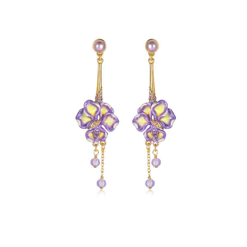 Purple Flower Irises de Luce And Gem Enamel Dangle Tassel Stud Earrings