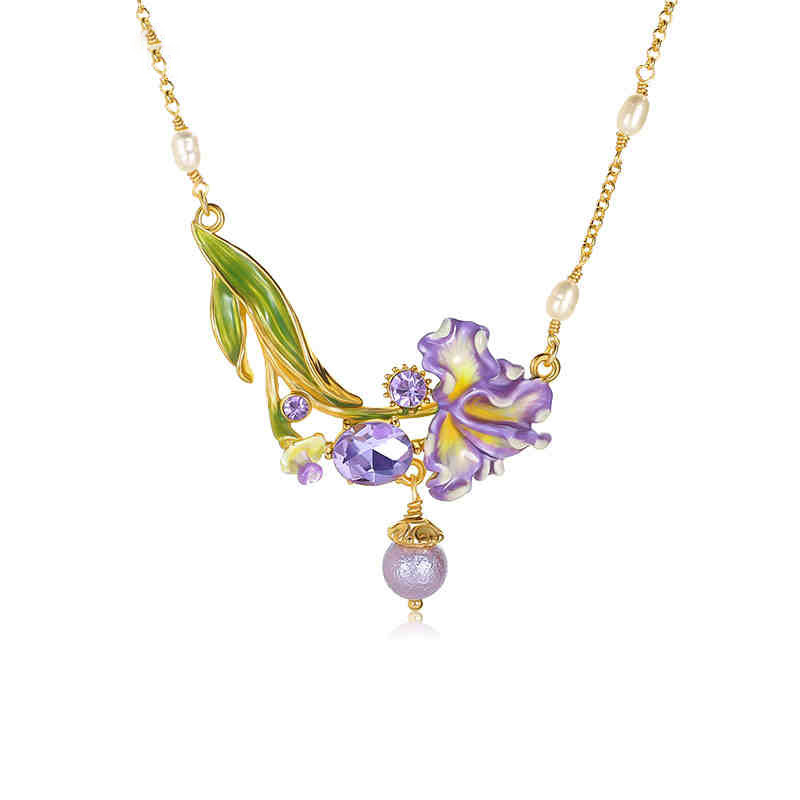 Purple Flower Irises de Luce And Gem Pearl Enamel Pendant Necklace