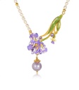 Purple Flower Irises de Luce And Pearl Enamel Pendant Necklace