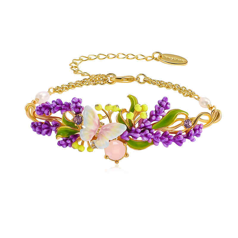 Lavender Purple Flower And Butterfly Enamel Chain Bracelet