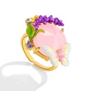 Lavender Purple Flower And Butterfly Enamel Adjustable Ring