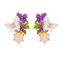 Lavender Purple Flower And Butterfly Stone Enamel Stud Earrings