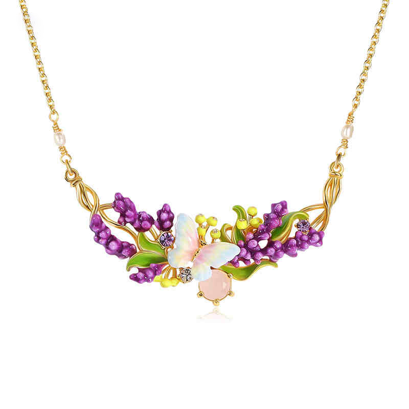 Lavender Purple Flower Branch With Butterfly Enamel Pendant Necklace