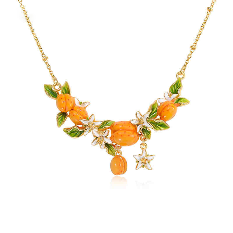 Fruit Apricot Flower Blossom Enamel Pendant Necklace