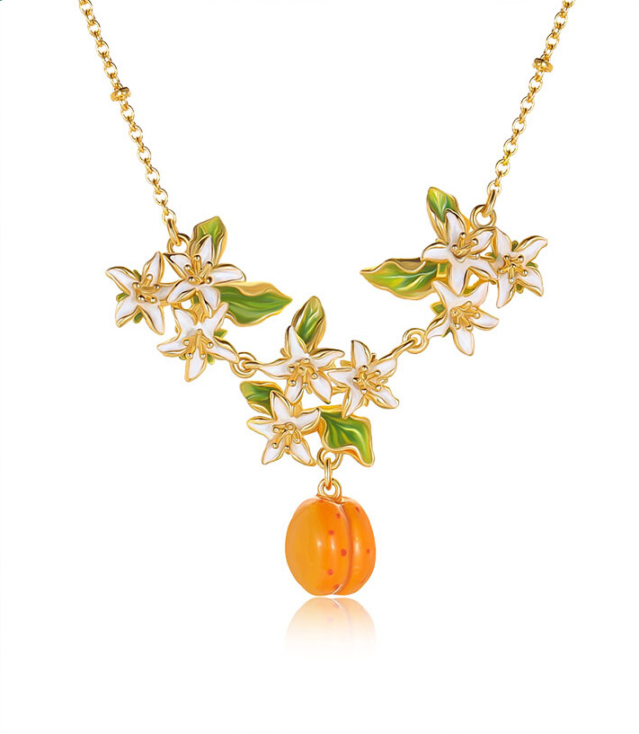 Flower Blossom With Fruit Apricot Enamel Pendant Necklace