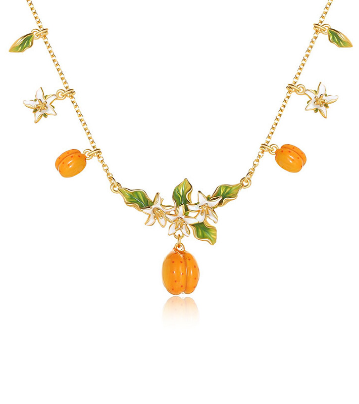 Flower Blossom With Fruit Apricot Enamel Charm Pendant Necklace