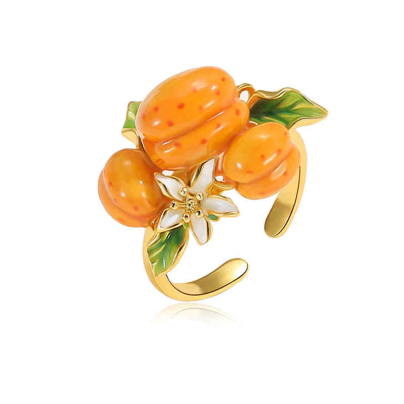 Fruit Apricot With Flower Enamel Adjustable Ring